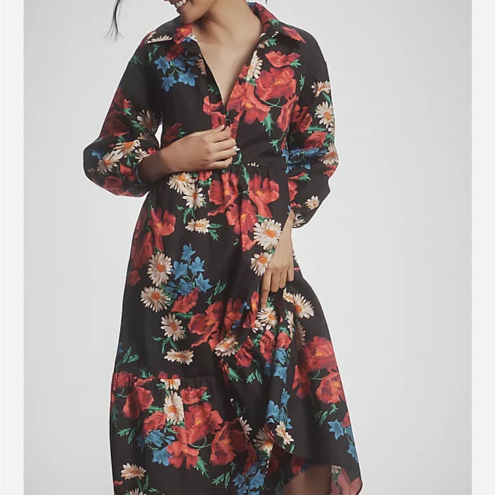 Anthropologie Bettina Tiered Mini Shirt Dress in Medium Pink SZ XSP PETITIE